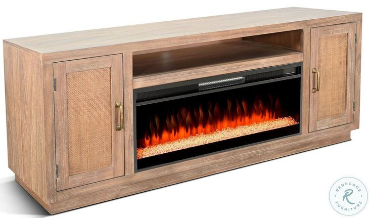 Cane Hearth Natural 78" Media Console with Crystal Fireplace Insert