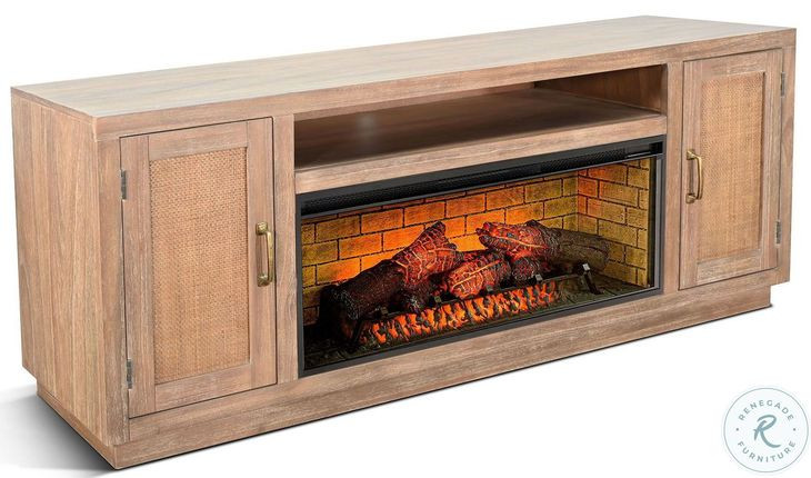 Cane Hearth Natural 78" Media Console with Log Fireplace Insert