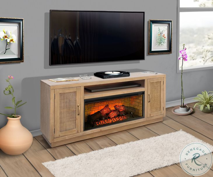 Cane Hearth Natural 78" Media Console with Log Fireplace Insert