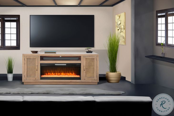 Cane Hearth Natural 78" Media Console with Crystal Fireplace Insert