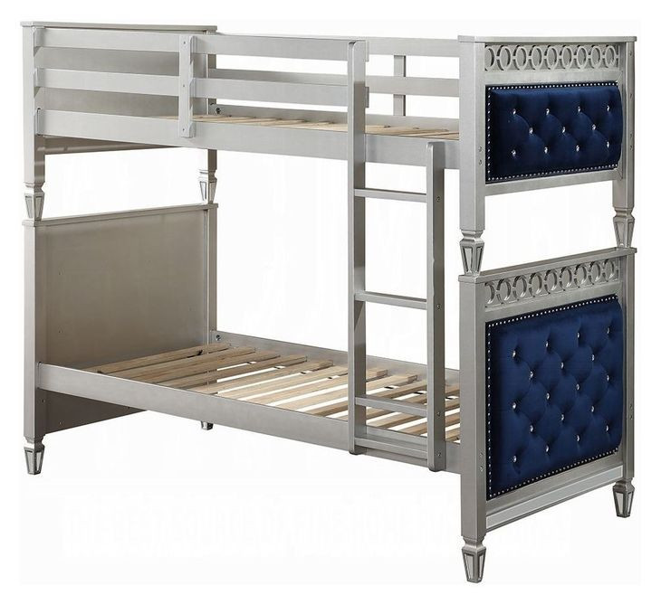 Varian Blue and Silver Twin Over Twin Upholstered Bunk Bed with Nailhead Trim