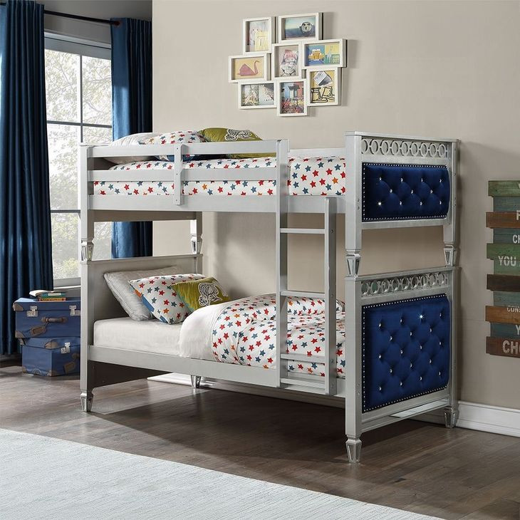 Varian Blue and Silver Twin Over Twin Upholstered Bunk Bed with Nailhead Trim