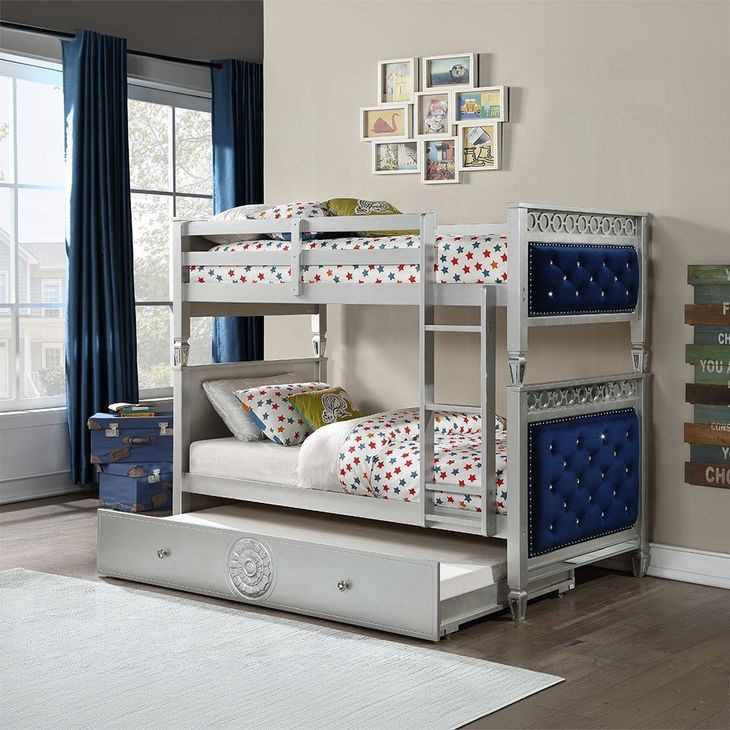 Varian Blue and Silver Twin Over Twin Upholstered Bunk Bed with Nailhead Trim