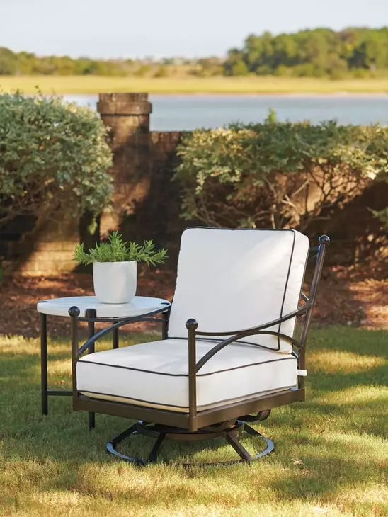 Pavlova Black and White Performance Fabric Upholstered Outdoor Swivel Lounge Chair