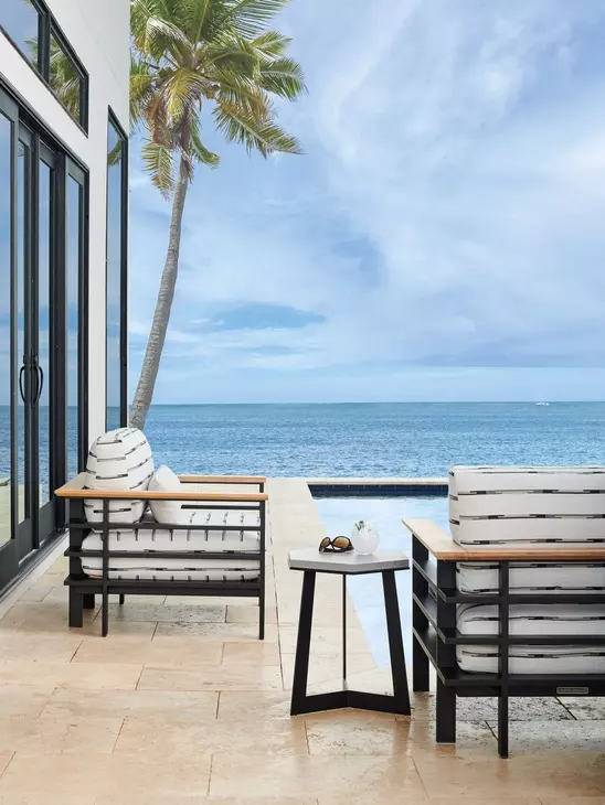 South Beach Gray and White Upholstered Outdoor Lounge Chair with Pillow