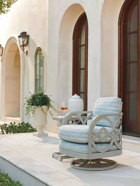Silver Sands Blue and White Upholstered Outdoor Occasional Swivel Chair