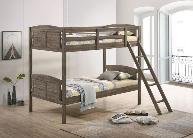 Flynn Weathered Brown Twin Over Twin Bunk Bed with Matresses