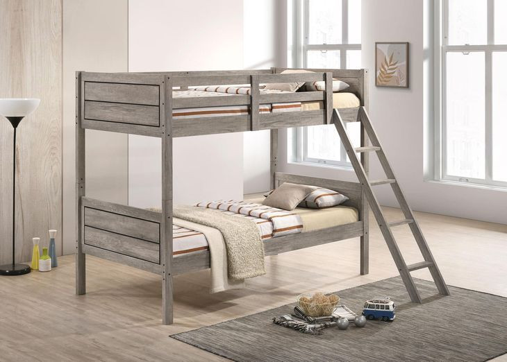 Ryder Weathered Taupe Twin Over Twin Bunk Bed with Matresses
