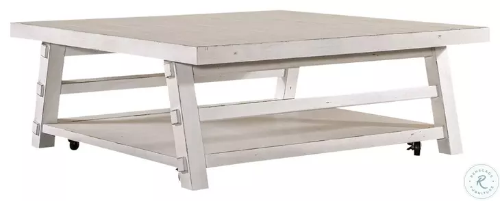 Modern Farmhouse Heavy Distressing Flea Market White Oversized Square Cocktail Table