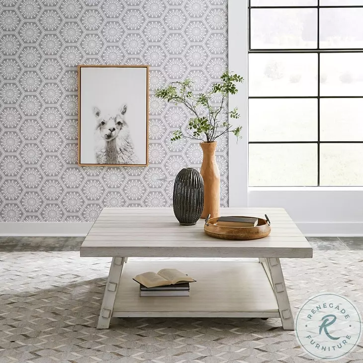 Modern Farmhouse Heavy Distressing Flea Market White Oversized Square Cocktail Table