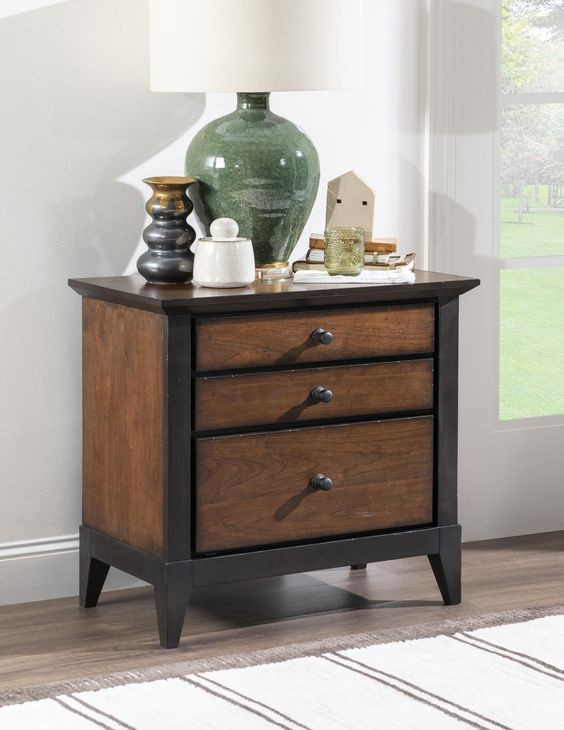Fenmore Mocha and Distressed Cherry 3 Drawer Nightstand with USB Charging