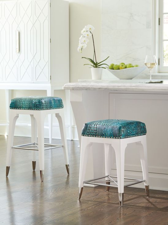 Northbrook Avondale Blue and Gray Leather Upholstered Alabaster Bar Stool with Nailhead Trim