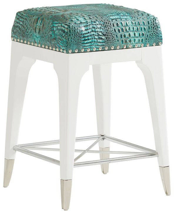 Northbrook Avondale Blue and Gray Leather Upholstered Alabaster Counter Height Stool with Nailhead Trim