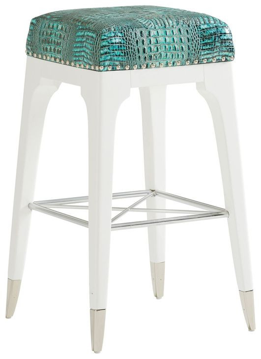 Northbrook Avondale Blue and Gray Leather Upholstered Alabaster Bar Stool with Nailhead Trim