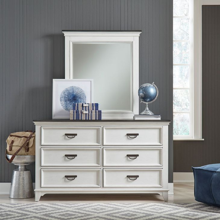 Emerson Park Wirebrushed White and Charcoal 6 Drawer Dresser with Mirror