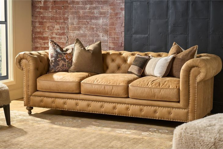 Berkely Winchester Sandstone 97" Leather Sofa with Pillows and Nailhead Trim