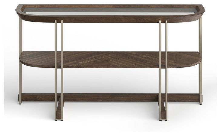 Elora Walnut and Tarnished Silver Demilune Glass Top Sofa Table