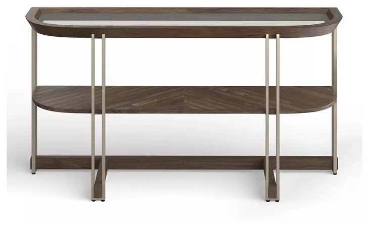 Kingsmere Walnut and Tarnished Silver Demilune Glass Top Sofa Table