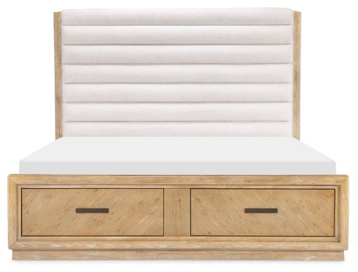 Torrance Aged Driftwood and Tangier Sterling King Upholstered Storage Panel Bed