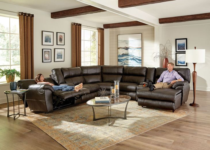 Maldini Coffee Leather Zero Gravity 4 Piece Modular Power Reclining Sectional with Power Headrest and Heat Massage