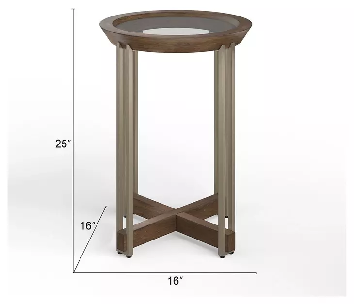 Kingsmere Walnut and Tarnished Silver Round Glass Top Accent Table