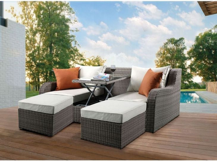 Salena Beige 82" Outdoor Sofa and 2 Ottomans