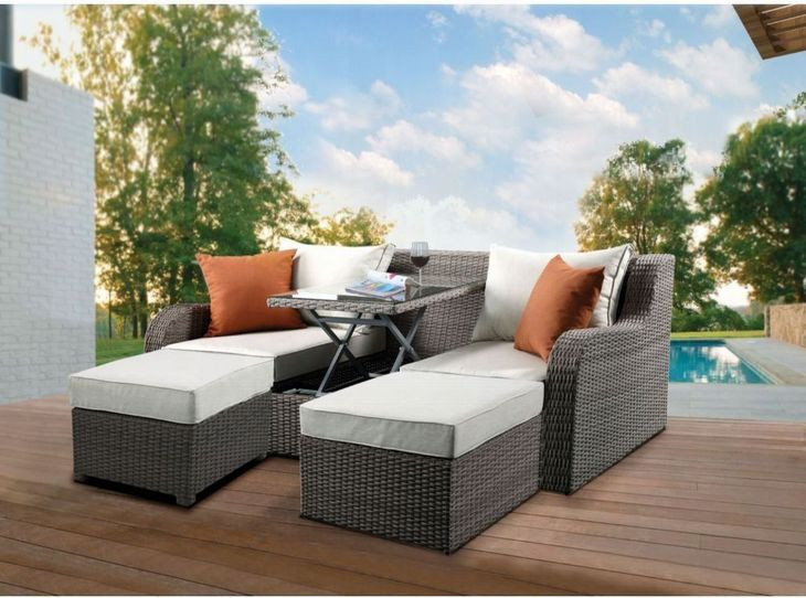 Salena Beige 82" Outdoor Sofa and 2 Ottomans
