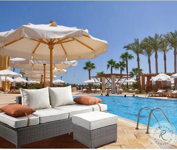 Salena Beige Fabric and Gray Wicker Patio 83" Sofa with 2 Pillows and Rectangular Ottoman