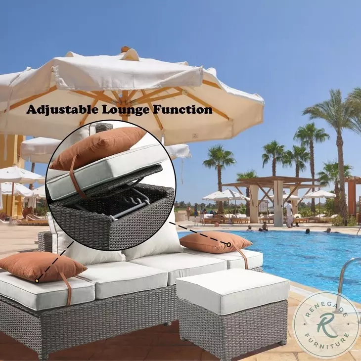 Salena Beige Fabric and Gray Wicker Patio 83" Sofa with 2 Pillows and Rectangular Ottoman