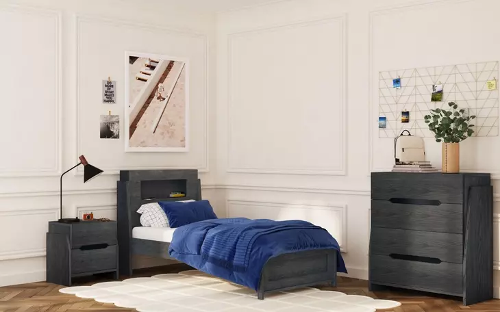 Darby Midnight Blue Twin Storage Panel Bed with USB Charging and LED