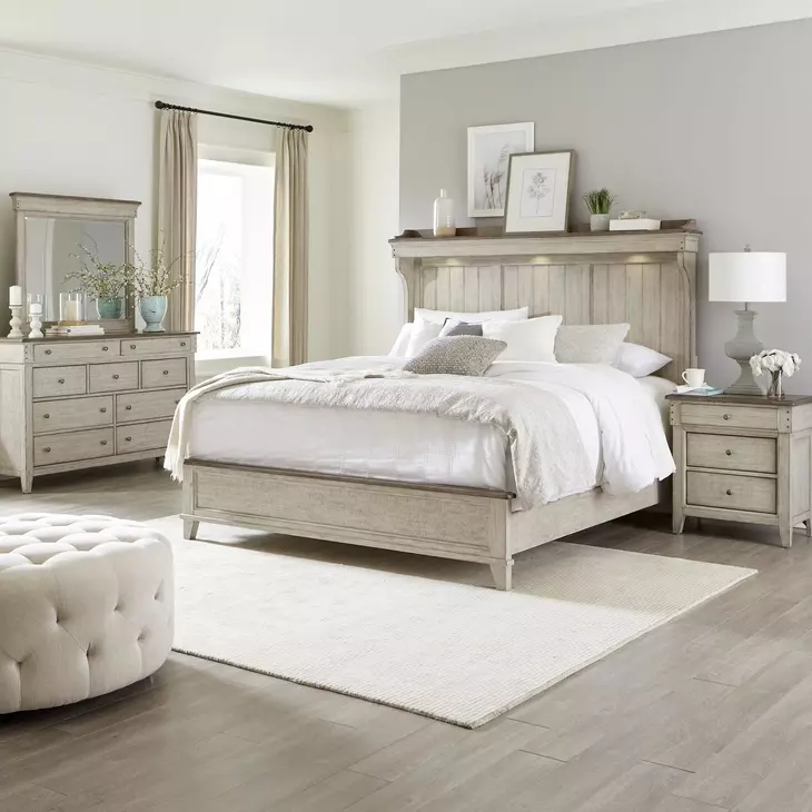 Ivy Hollow Weathered Linen and Dusty Taupe California King Mantle Bed with LED and Nailhead Trim