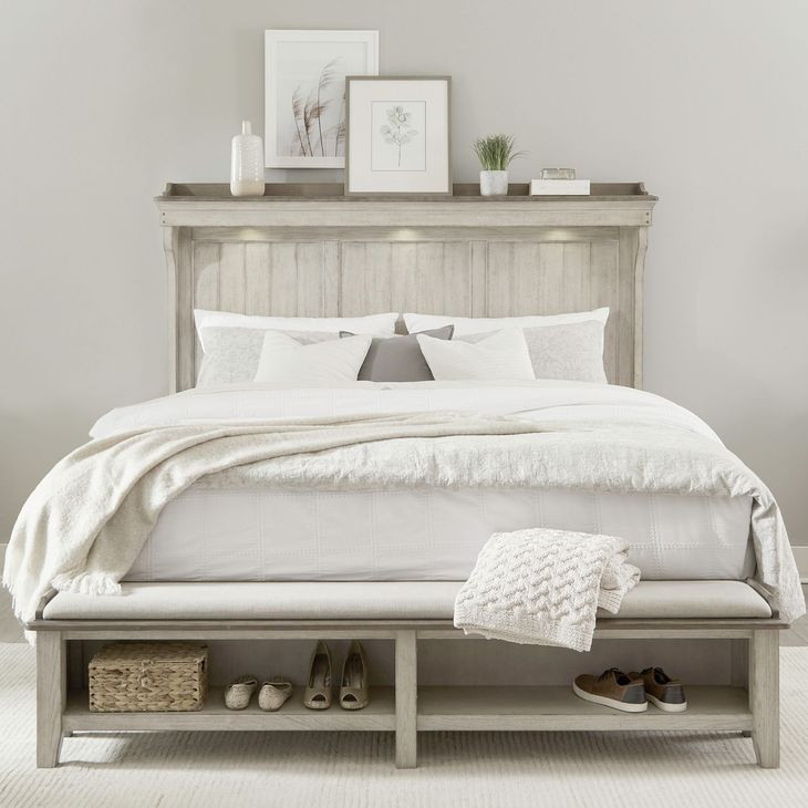 Ivy Hollow Weathered Linen and Dusty Taupe California King Mantle Storage Bed with LED and Nailhead Trim