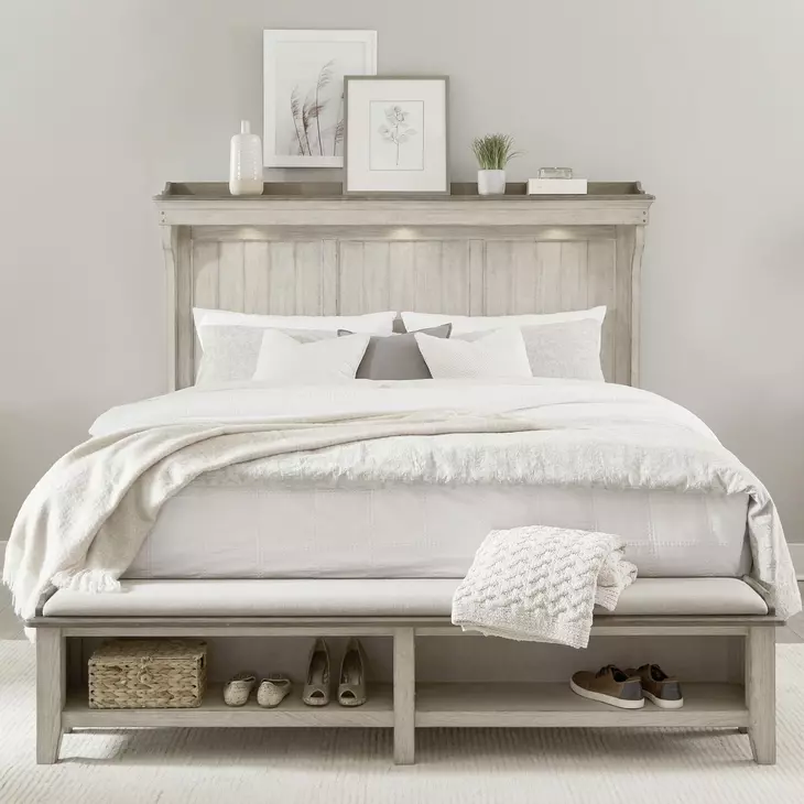 Ivy Hollow Weathered Linen and Dusty Taupe California King Mantle Storage Bed with LED and Nailhead Trim