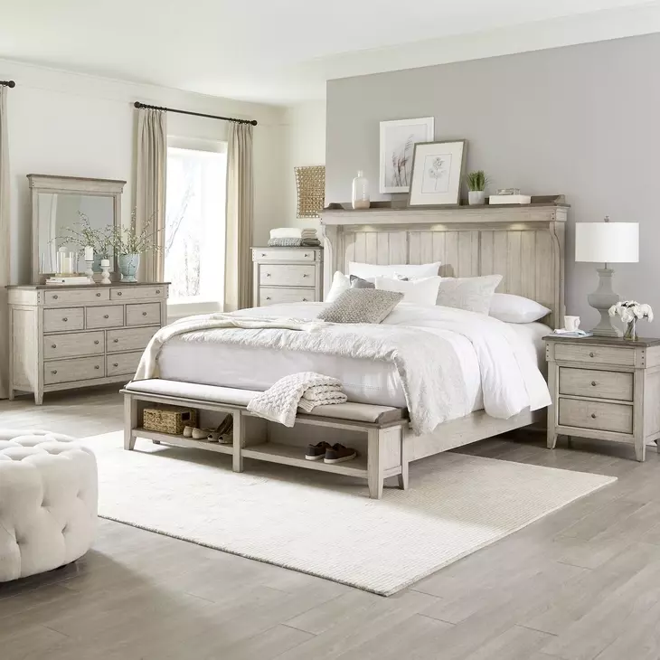 Ivy Hollow Weathered Linen and Dusty Taupe California King Mantle Storage Bed with LED and Nailhead Trim