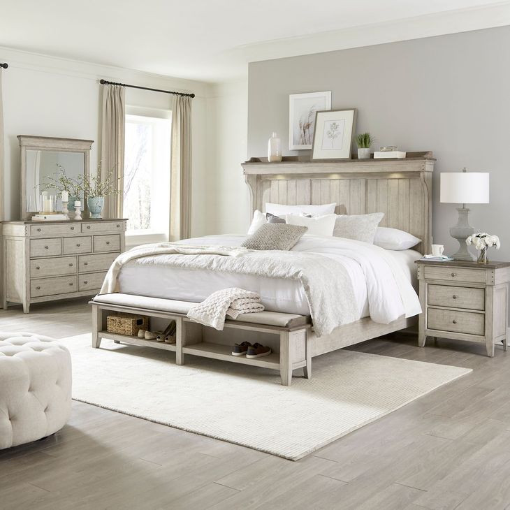 Fern Hollow Weathered Linen and Dusty Taupe California King Mantle Storage Bed with LED and Nailhead Trim