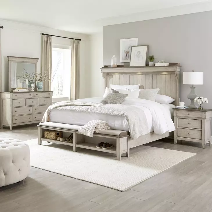 Ivy Hollow Weathered Linen and Dusty Taupe California King Mantle Storage Bed with LED and Nailhead Trim