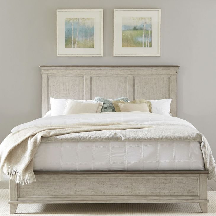 Ivy Hollow Weathered Linen and Dusty Taupe California King Panel Bed with Nailhead Trim