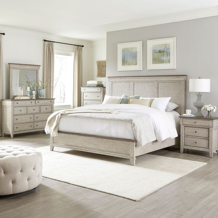 Fern Hollow Weathered Linen and Dusty Taupe California King Panel Bed with Nailhead Trim