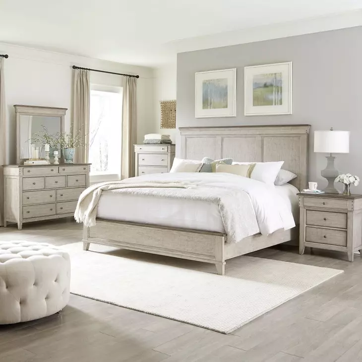 Ivy Hollow Weathered Linen and Dusty Taupe California King Panel Bed with Nailhead Trim