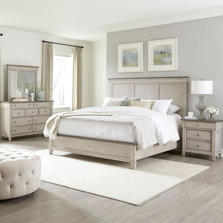 Fern Hollow Weathered Linen and Dusty Taupe California King Panel Bed with Nailhead Trim