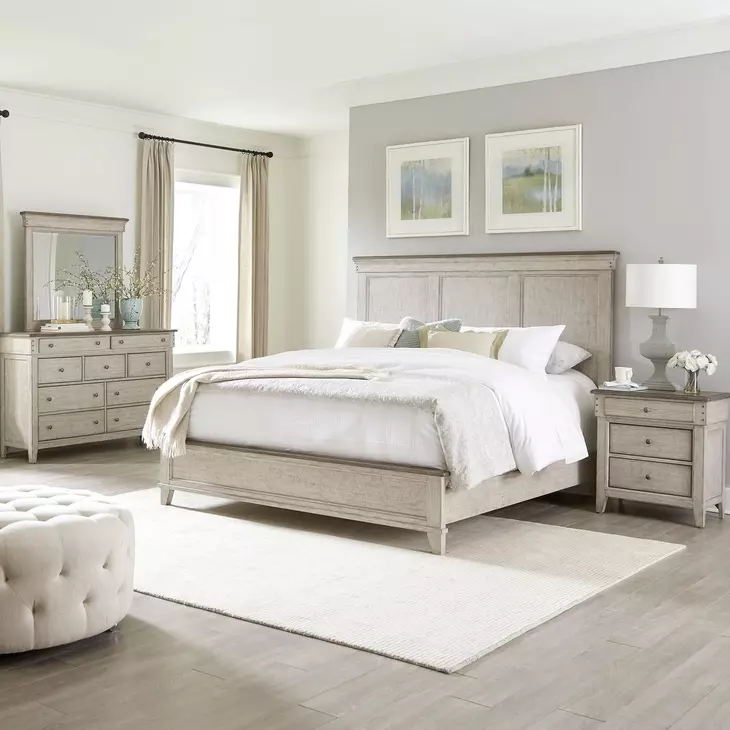 Ivy Hollow Weathered Linen and Dusty Taupe California King Panel Bed with Nailhead Trim