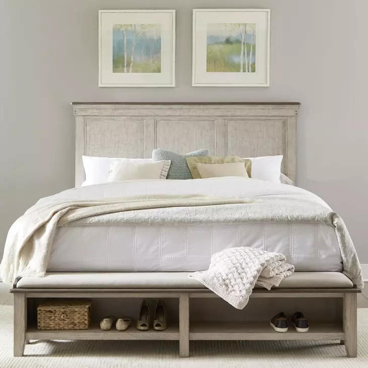 Ivy Hollow Weathered Linen and Dusty Taupe California King Storage Panel Bed with Nailhead Trim