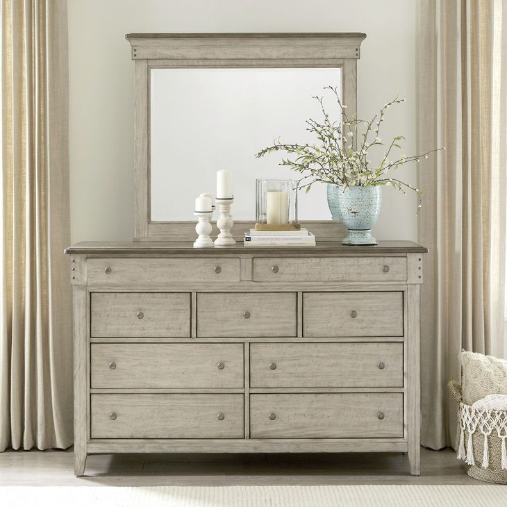 Fern Hollow Weathered Linen and Dusty Taupe 9 Drawer Dresser with Mirror