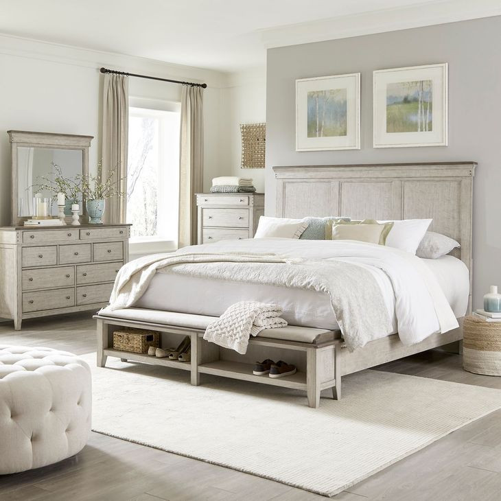 Ivy Hollow Weathered Linen and Dusty Taupe California King Storage Panel Bed with Nailhead Trim
