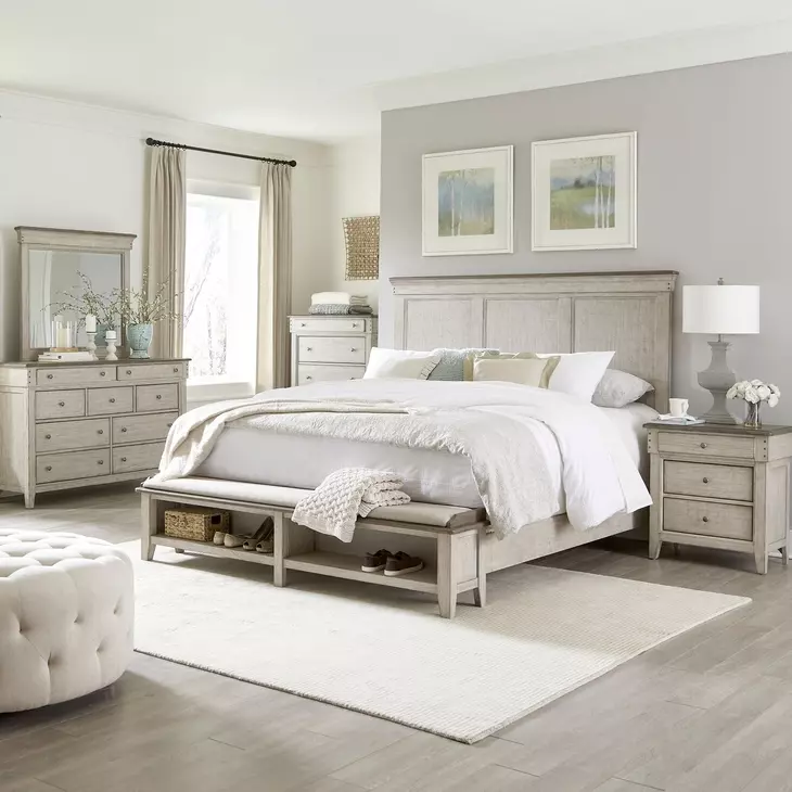Ivy Hollow Weathered Linen and Dusty Taupe California King Storage Panel Bed with Nailhead Trim