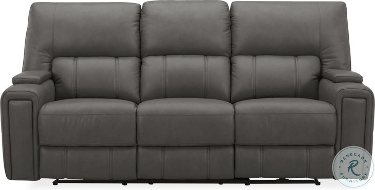 Hudson Coal Leather Triple Power Reclining Sofa with Bluetooth Speakers and Drop Down Table