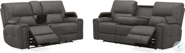 Hudson Coal Leather Triple Power Reclining Console Loveseat with Bluetooth Speakers and Cooler