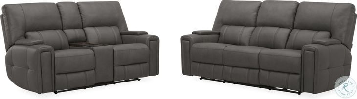 Hudson Coal Leather Triple Power Reclining Living Room Set with Bluetooth Speakers and Drop Down Table