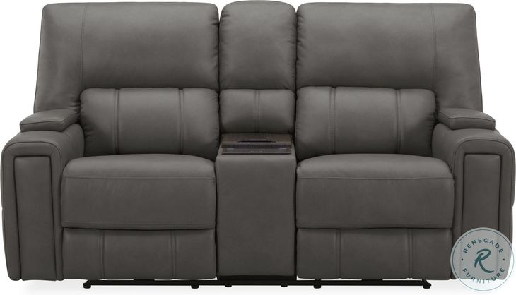 Hudson Coal Leather Triple Power Reclining Console Loveseat with Bluetooth Speakers and Cooler