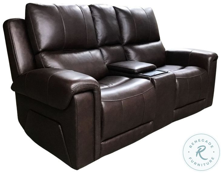 Burton Reno Walnut Leather Triple Power Reclining Console Loveseat with Bluetooth Speakers